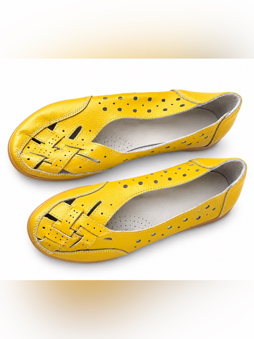 Yellow Perforated Leather Flats EU 40 US 9 Ballet Driving Shoes Coastal Chic